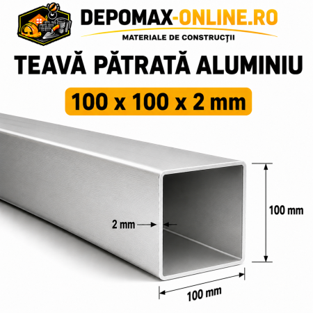 Teava patrata aluminiu 100 x 100 x 2 mm, 6 metri (EN AW-6060)